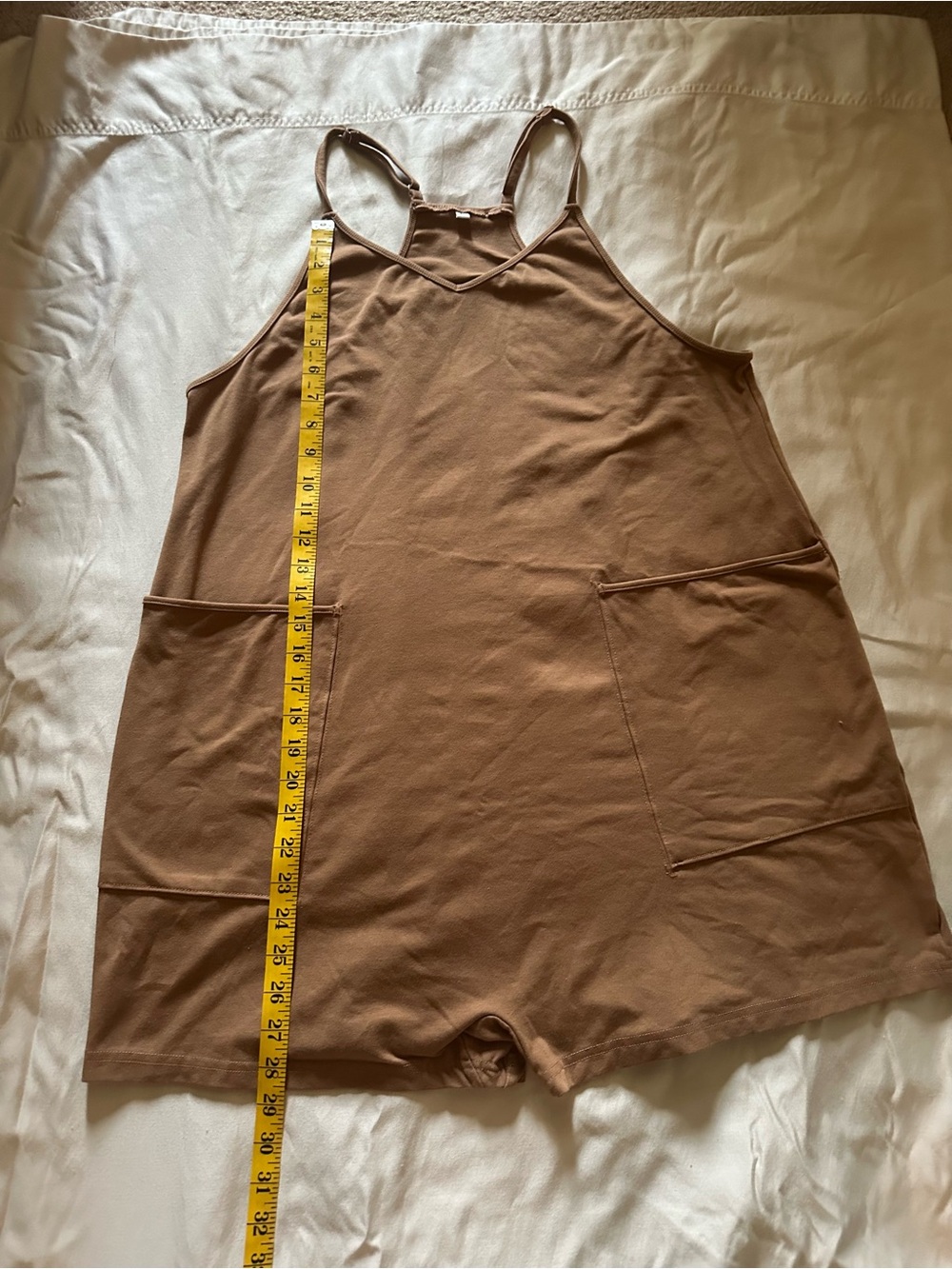 Minimalist Brown Spaghetti Strap Romper Jumper with Deep Pockets Size L